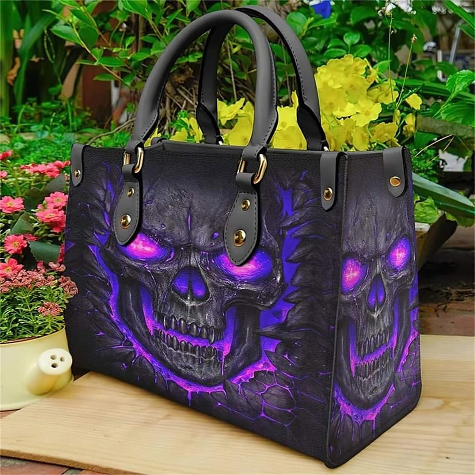 Women's bag cross-border independent station trendy skull print bag fashionable and generous ladies PU hand carry light commuter bag - Image 5