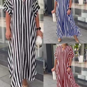 2022 European and American women's clothing AliExpress independent station fashion side slit striped cardigan short-sleeved dress W2865