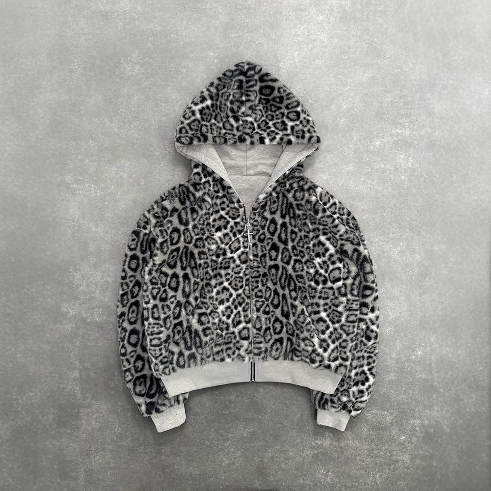 2025 European and American new autumn and winter new hooded sweatshirt reversible retro leopard print zipper hoodie loose top - Image 3