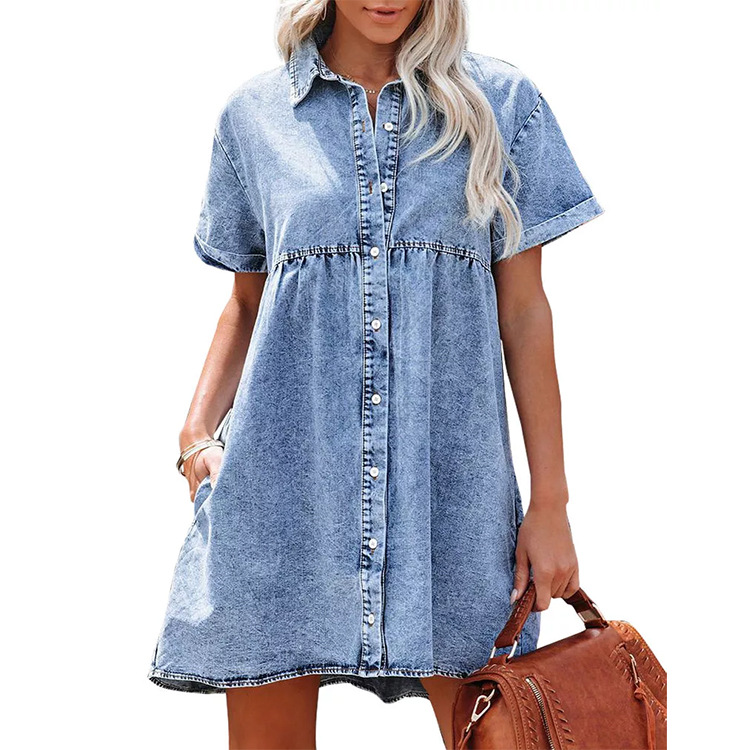 2022 Cross-Border Foreign Trade Amazon European and American Washed Denim Lapel Loose Sweet Lotus Leaf Dress Short Skirt New - Image 2