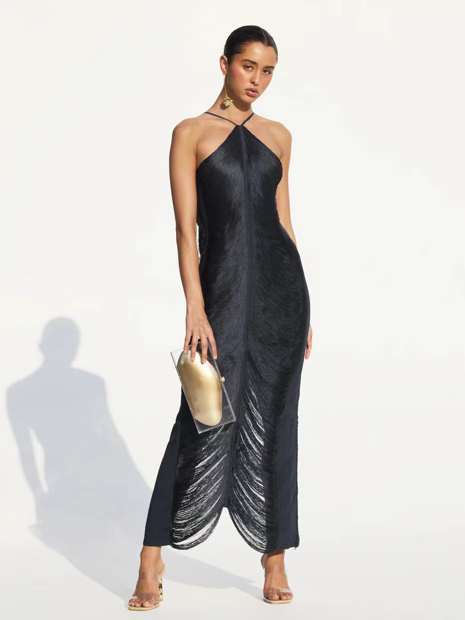2025 European and American foreign trade cross-border supply fashion tassel back slit halter neck dress light luxury slim fit - Image 8