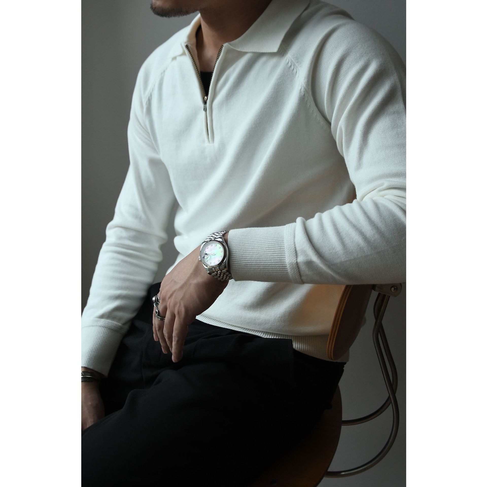 2023 Autumn and Winter Half-High Zipper Knitted Long-Sleeved Polo Shirt American Retro Business Casual Commuting T-shirt Linear Men's - Image 8