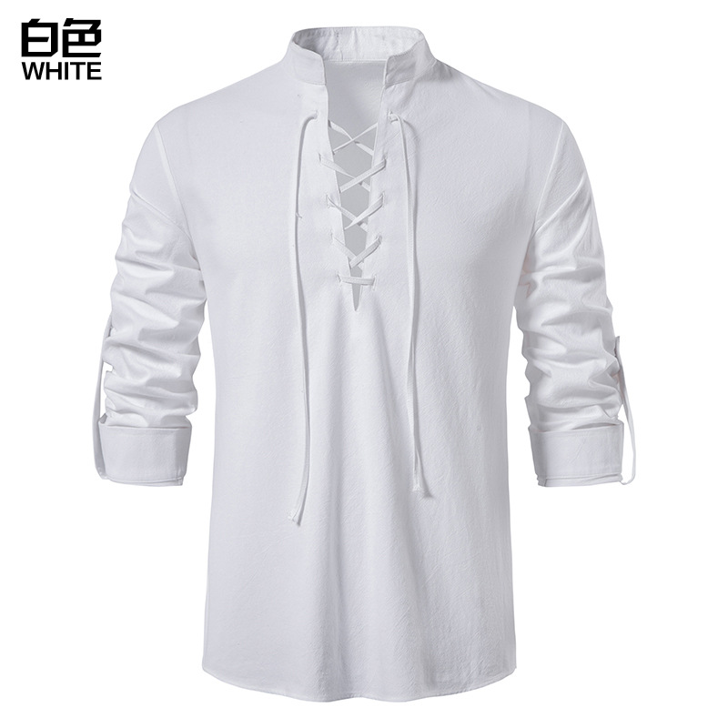 2023 Men's New Amazon Men's Cotton and Linen Henley Shirt Long Sleeve Hippie Casual Beach Stand Collar Shirt European Size - Image 3
