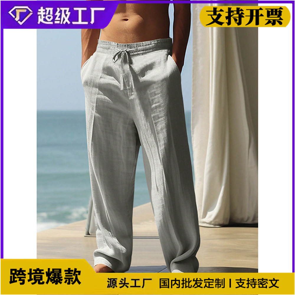 TIMU Men's Casual Linen Pants, Cotton Linen, Loose Fit, Breathable Long Pants, Available for Spot Import, Cross-Border, Independent Websites, Wish, AliExpress. - Image 2