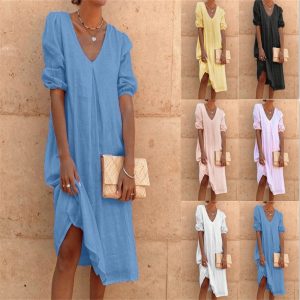2024 Amazon Wish Cotton Linen Solid Color Mid-Length Sleeve Casual Mid-Length Dress, Elegant Commuter Style, Full Swing