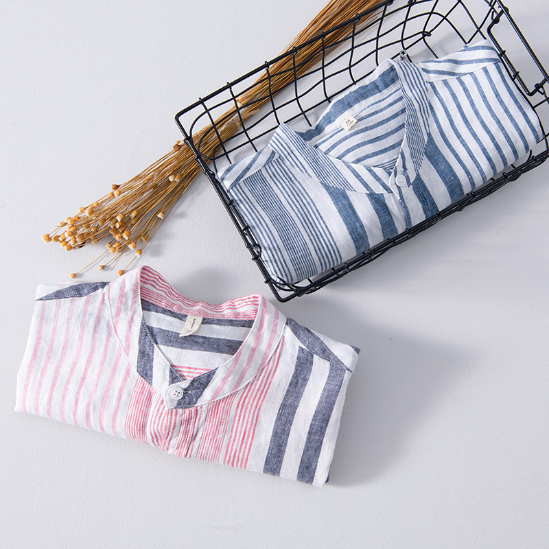 L540 Summer men's five-point sleeve striped shirt casual linen breathable color matching short-sleeved shirt men's one piece - Image 4