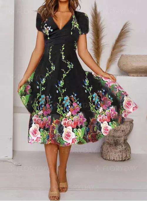 European and American cross-border women's clothing AliExpress Amazon independent station personalized flower printing V-neck short-sleeved dress - Image 5