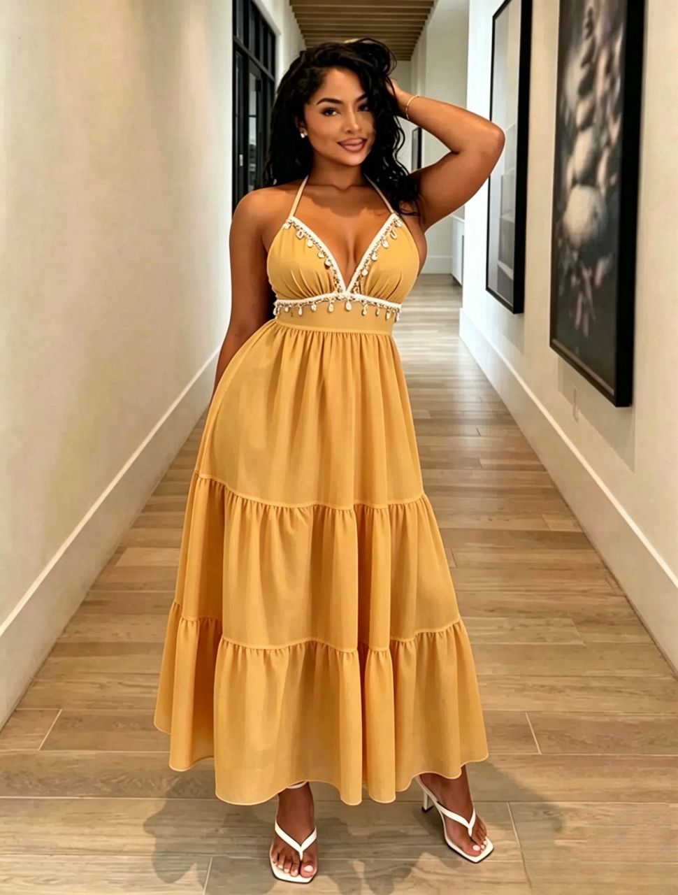 European and American style new cross-border resort-style V-neck halter neck tie dress with shell tassels, solid color fashionable long dress - Image 12