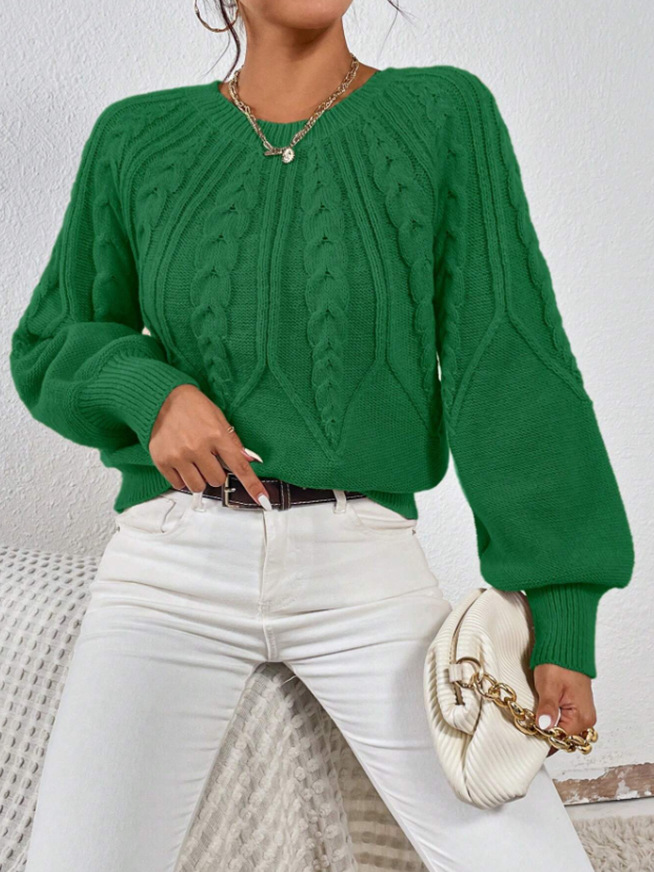 Amazon pullover crew neck knit sweater, cross-border foreign trade, long-sleeved cable knit solid color autumn and winter versatile knit top for women - Image 8
