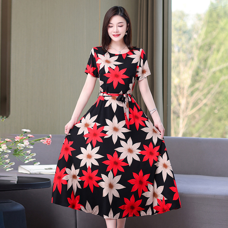 Artificial cotton silk dress women's clothing 2023 summer new middle-aged mother mid-length over-the-knee plus-size loose skirt - Image 12