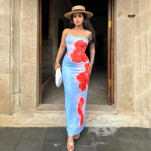 D24DS121 Cross-border European and American 2024 summer new high-end contrasting print tight tube top slit dress