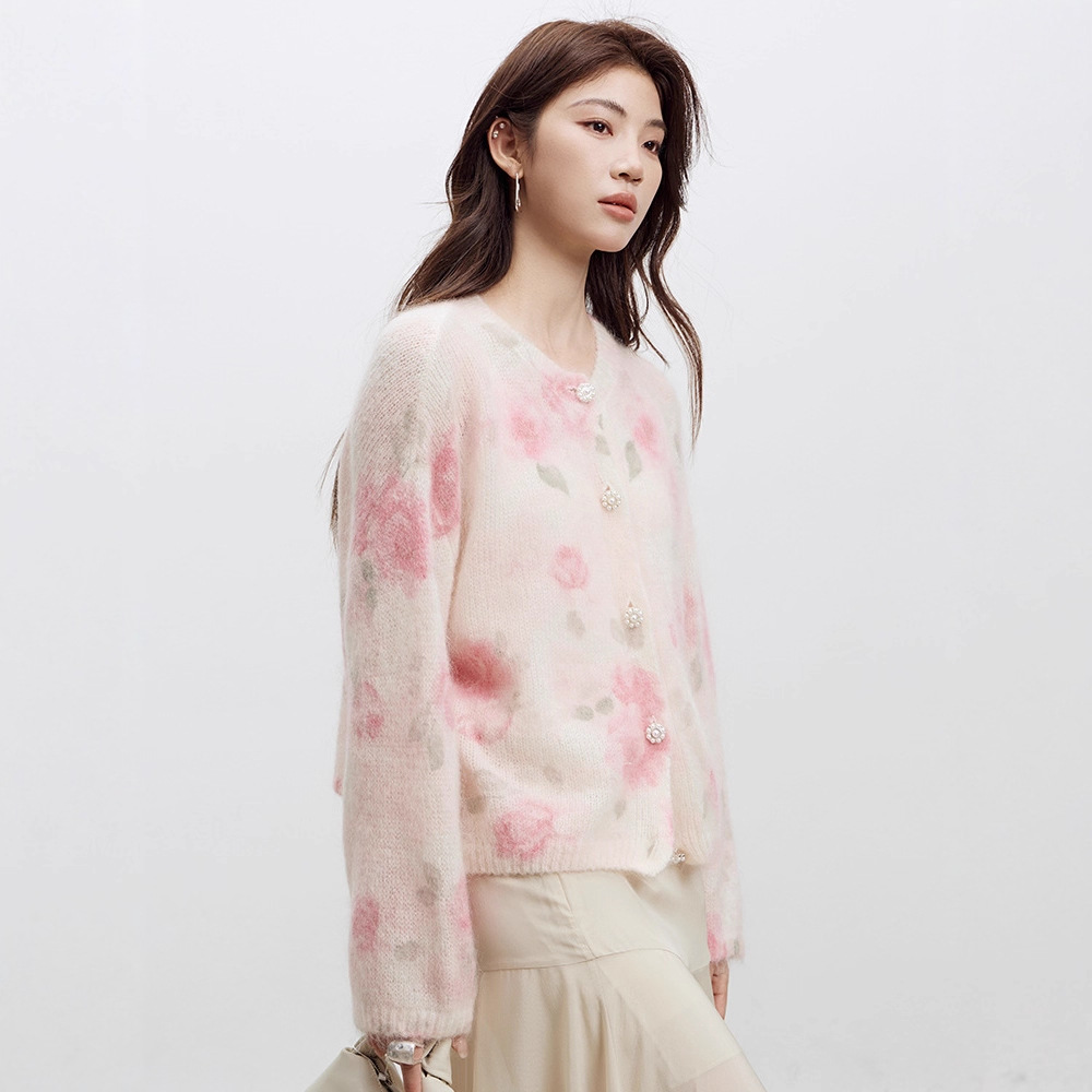 Rose Print Mohair Sweater Women's Long-Sleeved Knit Cardigan 2026 Spring New Style Soft and Loose Wool Coat - Image 2