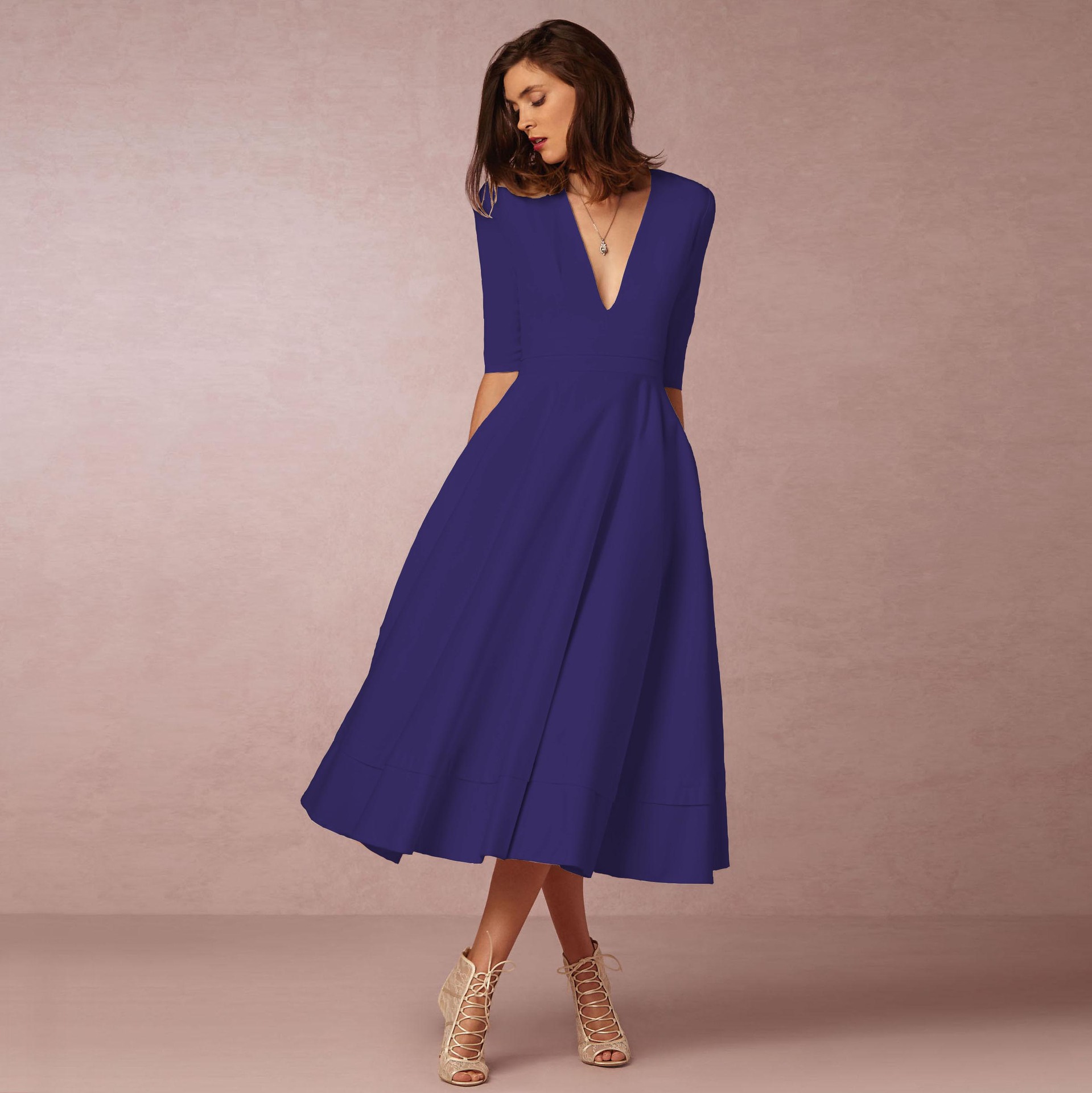 2023 new European and American foreign trade women's evening dress Amazon hot style sexy deep V mid-sleeve swing dress - Image 17