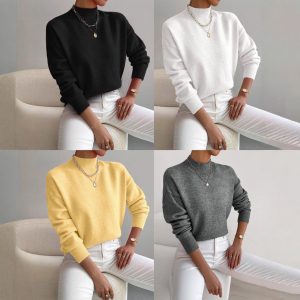 Cross-border autumn and winter turtleneck pullover long-sleeved sweater Amazon foreign trade women's fashion solid color loose knitted top