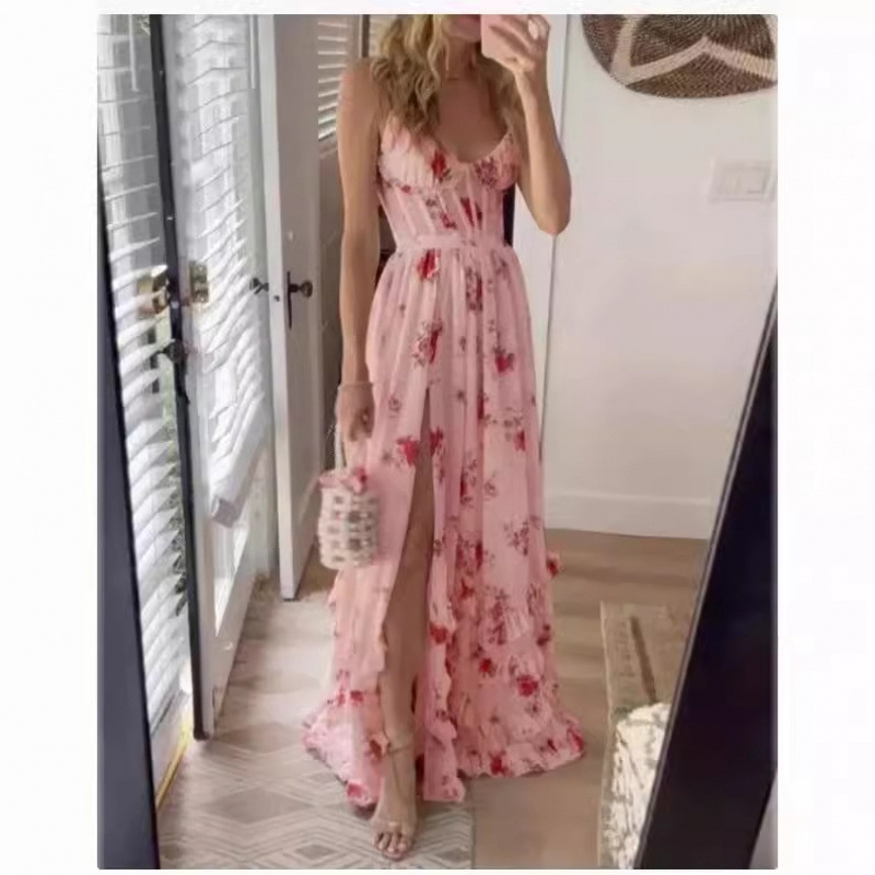 New European and American style strapless printed dress, beach vacation maxi dress