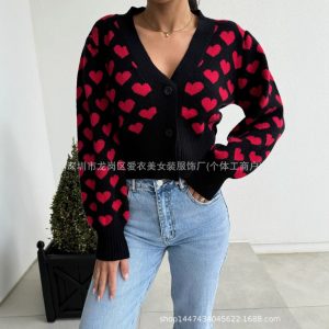 2025 Autumn/Winter European and American Cross-Border New Amazon Women's Casual Heart Cardigan Valentine's Day Sweater Jacket