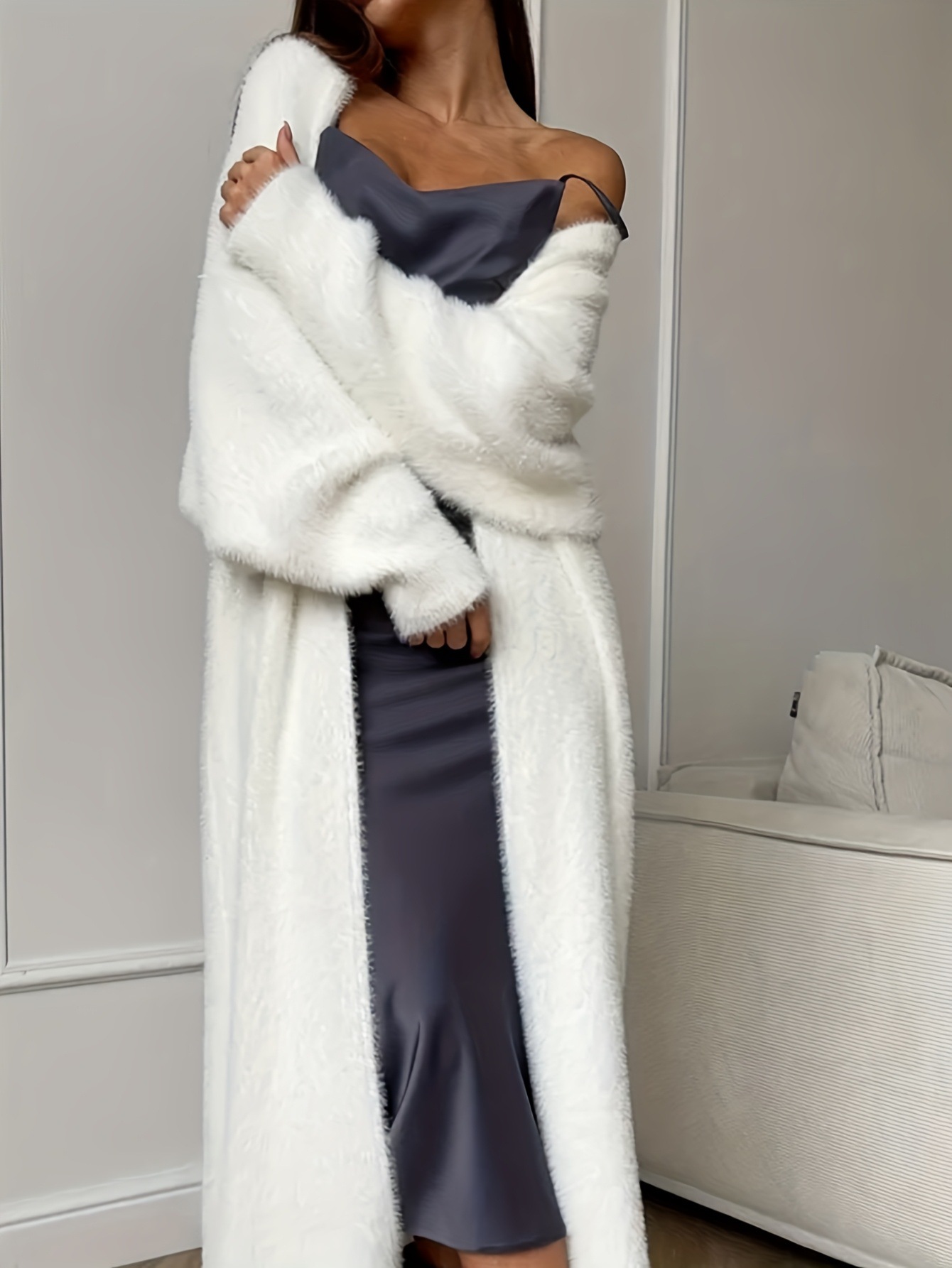 Cross-border faux mink white knitted cardigan coat for women, autumn and winter loose-fitting fluffy long cardigan - Image 7