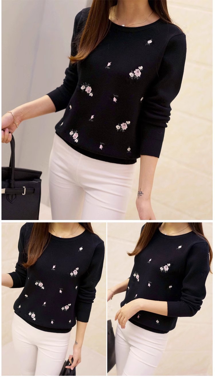 New Autumn Korean Style Slim Fit Plum Blossom Embroidered Round Neck Knitted Sweater Long Sleeve Women's Pullover Sweater for Autumn and Winter - Image 7