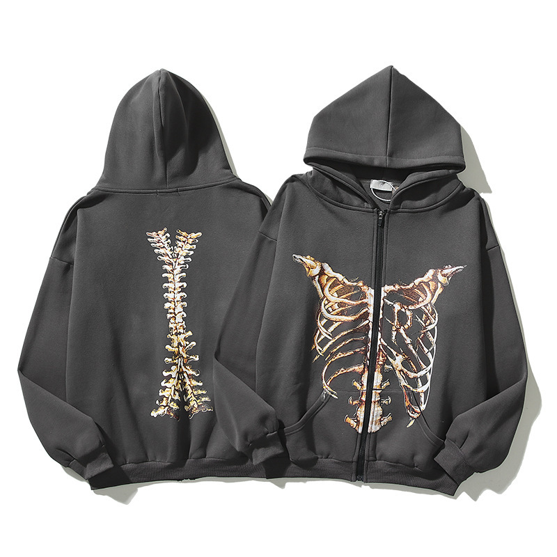 2022 European and American High Street Hip Hop Retro Skeleton Destroyed Printed Cardigan Jacket Couple Style Plus Velvet Loose Hoodie - Image 3