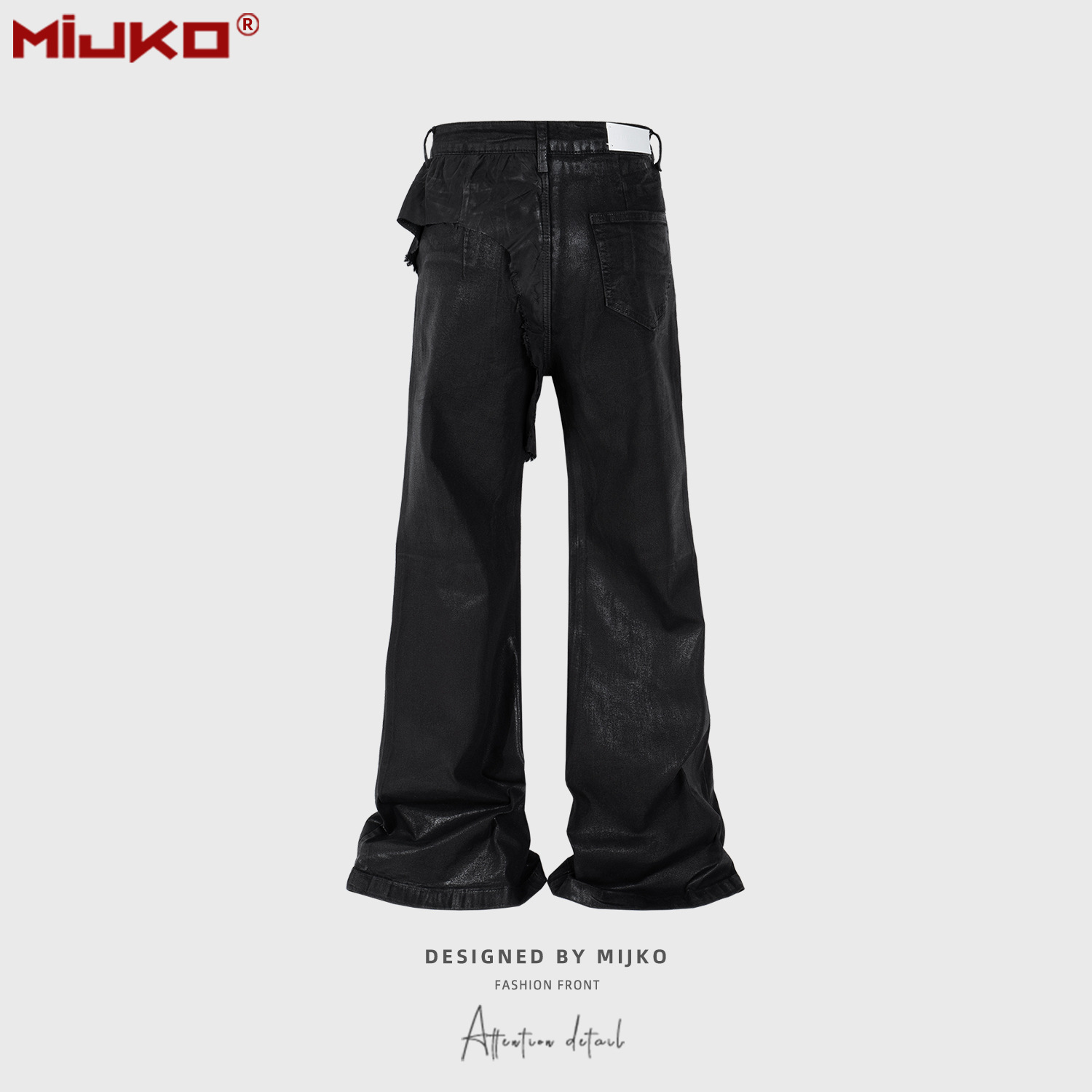 MIJKO men's and women's black rubber coated flared pants unisex high street splicing destroyed black warrior jeans - Image 2