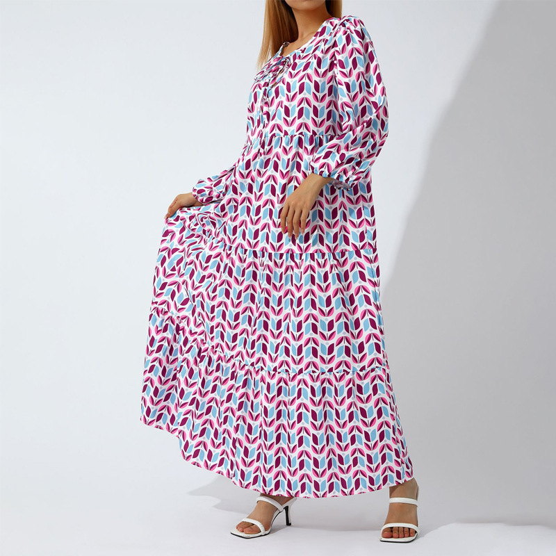 Cross-border European and American plus-size ladies loose-fitting Bohemian round-neck lantern-sleeve sweet girl dress - Image 9