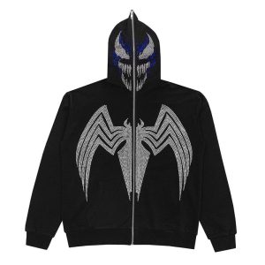 2022 y2k women's street hip-hop spider bone sticker black zipper hoodie women's harajuku jacket sweater