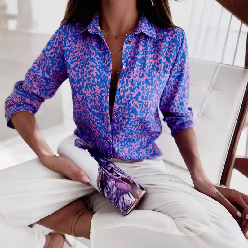 2023 European and American foreign trade women's clothing cross-border spring and autumn tops independent station Amazon long-sleeved shirt printed shirt women - Image 3