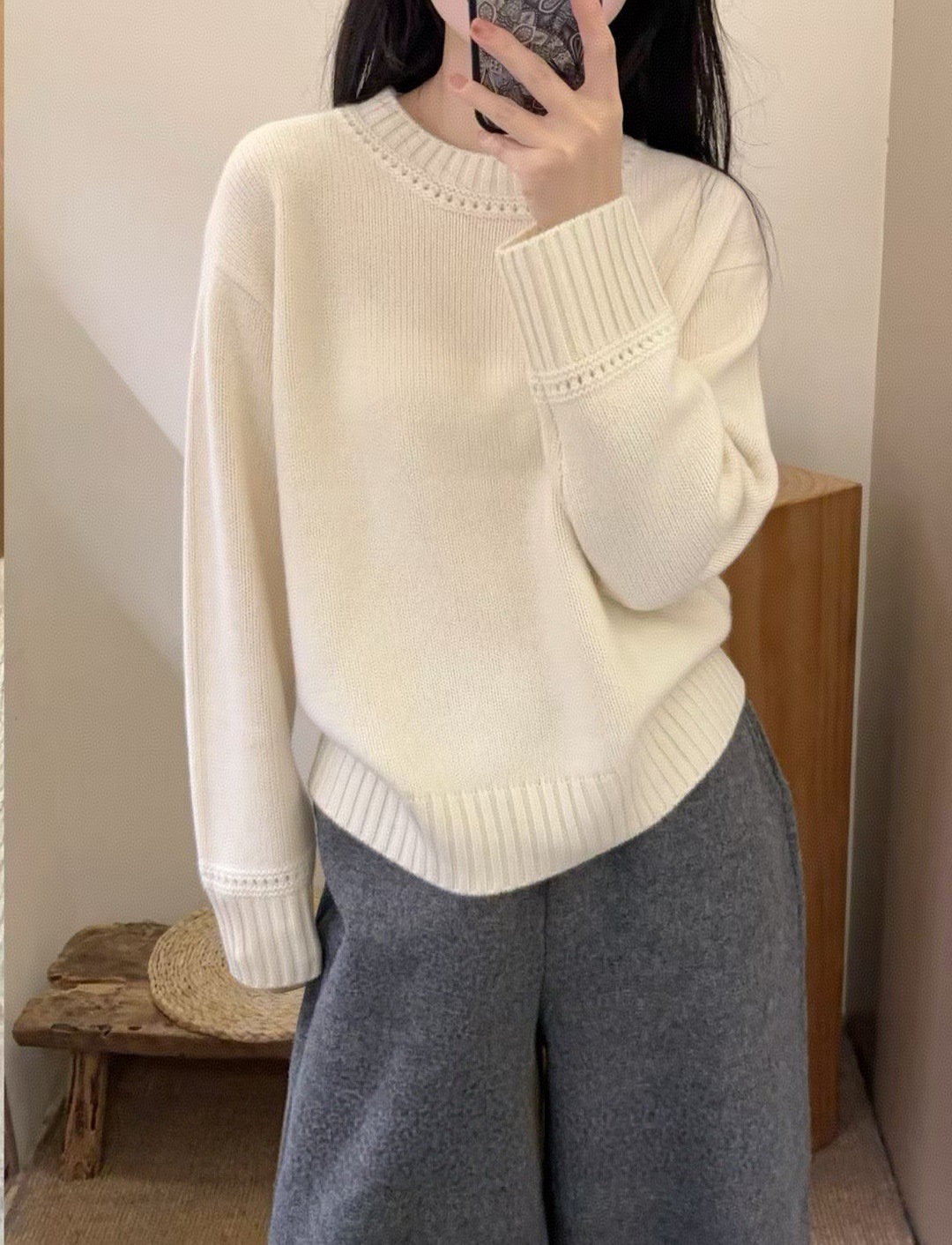 Cashmere wide-strapped outerwear thickened drop-shoulder sleeves lazy style base sweater wool cardigan women's round neck heavyweight soft and cozy white - Image 10