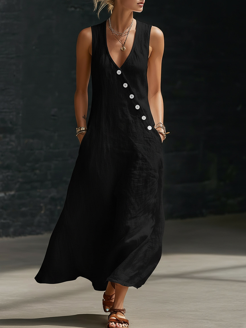 In stock Amazon summer cross-border V-neck sleeveless diagonal button vest dress long women's vacation casual dress - Image 6