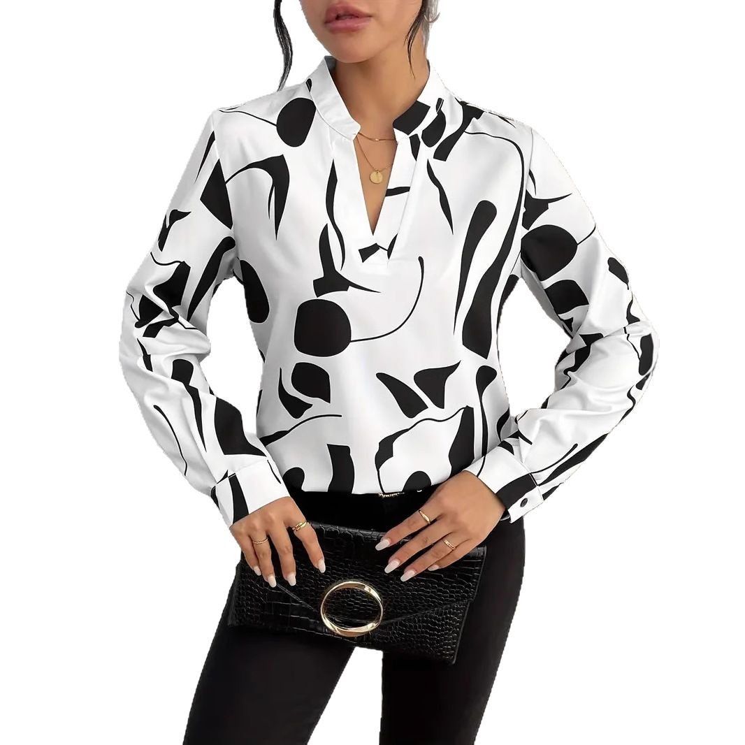 In-stock Amazon, European and American cross-border Wish foreign trade women's printed unsleeved collar shirt casual long-sleeved shirt top - Image 5