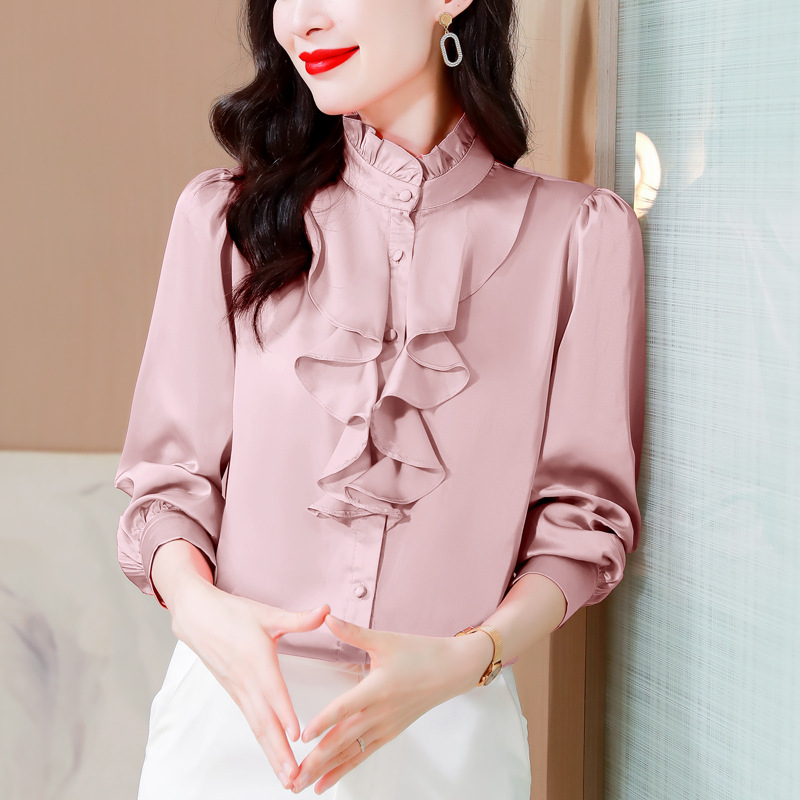 Green 1803 intellectual and generous temperament imitation silk shirt female long sleeve solid color lace collar palace style mulberry silk shirt - Image 7