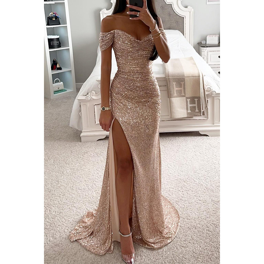 Cross-border 2025 European and American new style party sequined off-shoulder slit dress, INS casual fashion dress for women. - Image 10