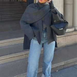 Knitted short long-sleeved coat, European and American cross-border autumn and winter lazy loose shawl cape scarf cardigan