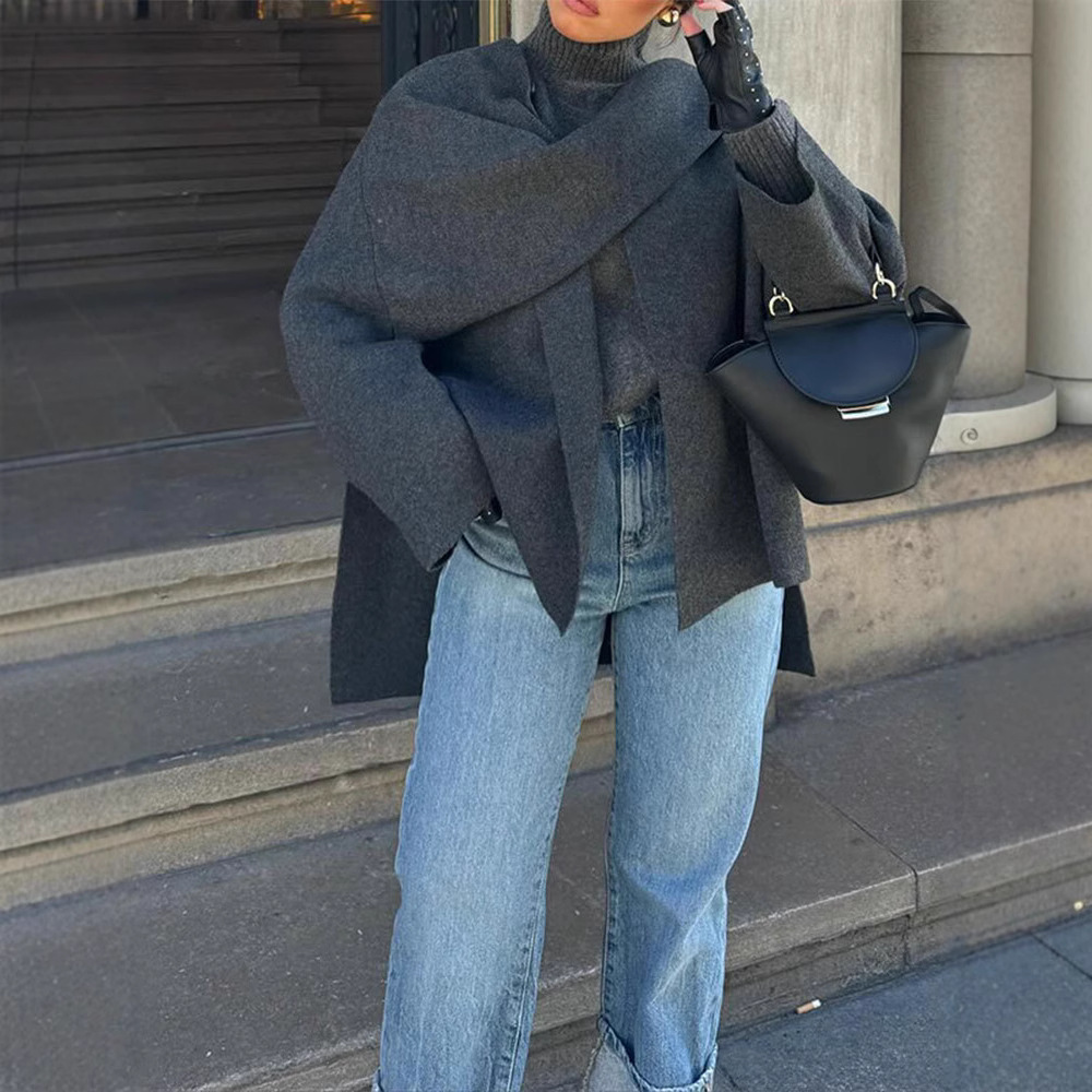Knitted short long-sleeved coat, European and American cross-border autumn and winter lazy loose shawl cape scarf cardigan