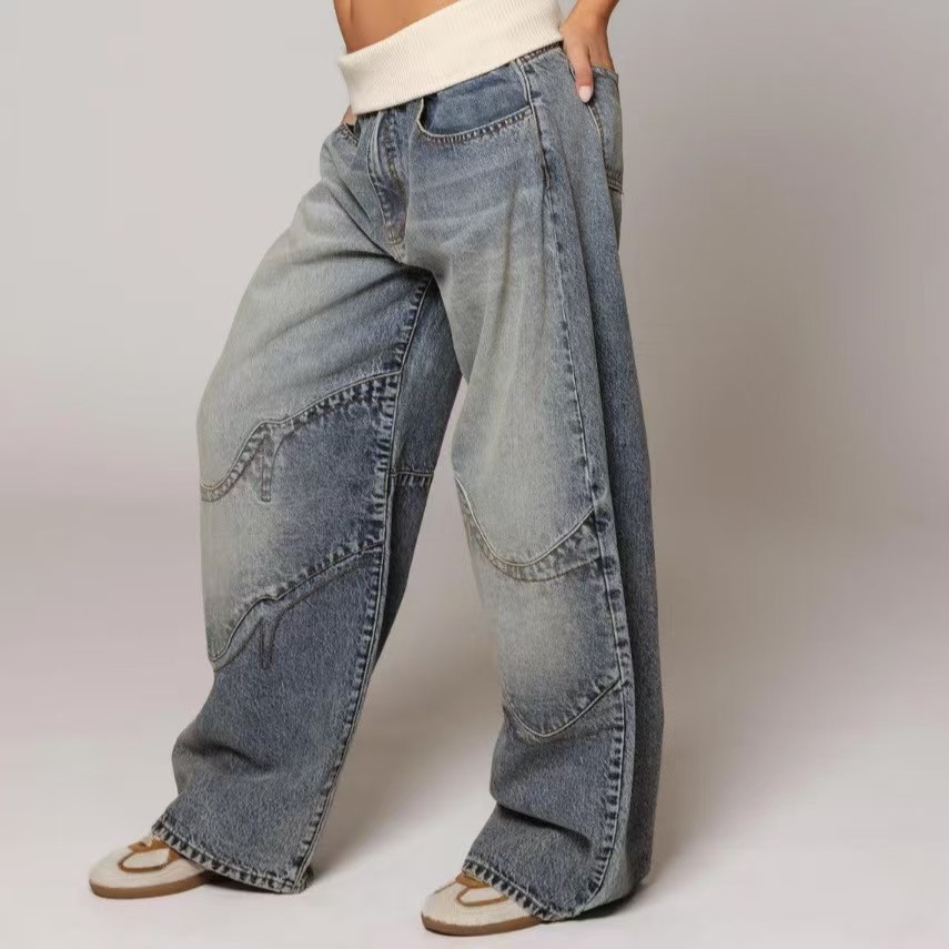 American retro street style washed distressed blue jeans for women, straight leg, loose fit, casual design, and casual men's jeans. - Image 4