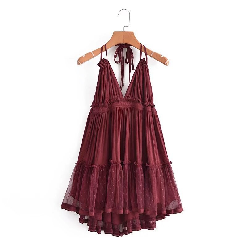Foreign Trade 2022 Summer New European and American V-neck Waist Slim Hem Mesh Stitching Backless Suspender Dress Women - Image 6