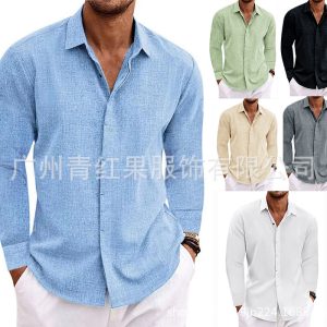 Men's linen long-sleeved T-shirt loose sweatshirt solid color long-sleeved cotton and linen shirt men's large size men's shirt