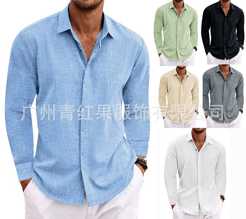 Men's linen long-sleeved T-shirt loose sweatshirt solid color long-sleeved cotton and linen shirt men's large size men's shirt