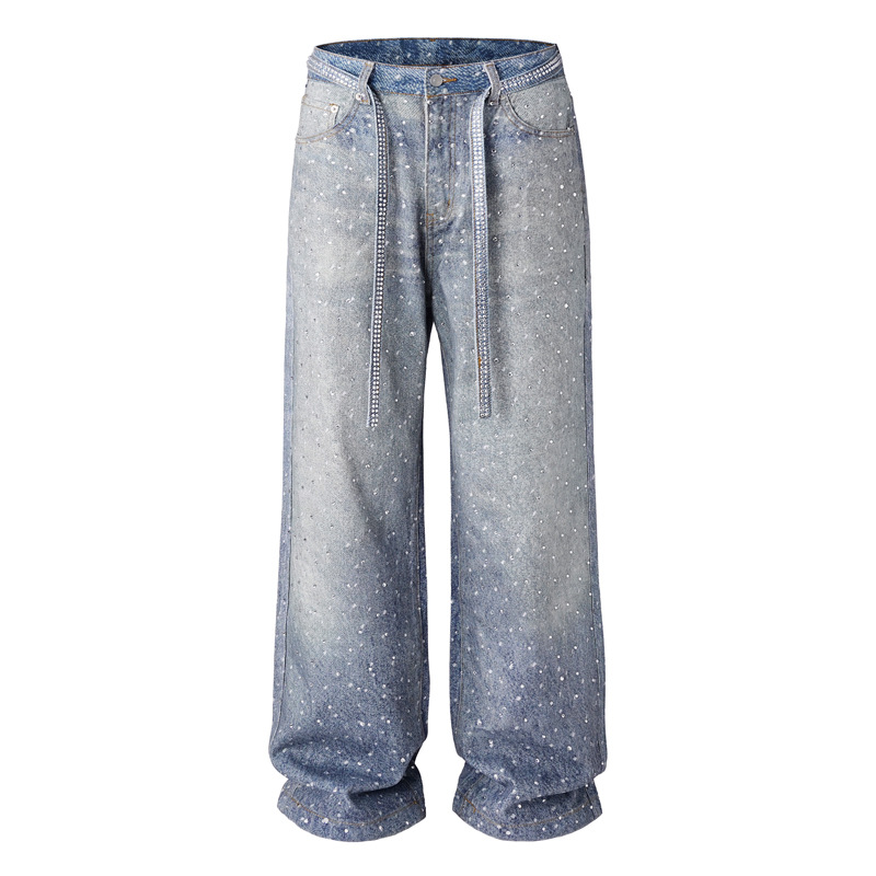 American high-street AC style, rhinestone-encrusted loose straight-leg jeans for men, trendy brand, niche brand, wide-leg pants with drawstring waist belt - Image 3
