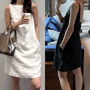 2026 Summer New Arrival: French Elegance - Linen Backless U-Neck Black Suspender Dress for Women