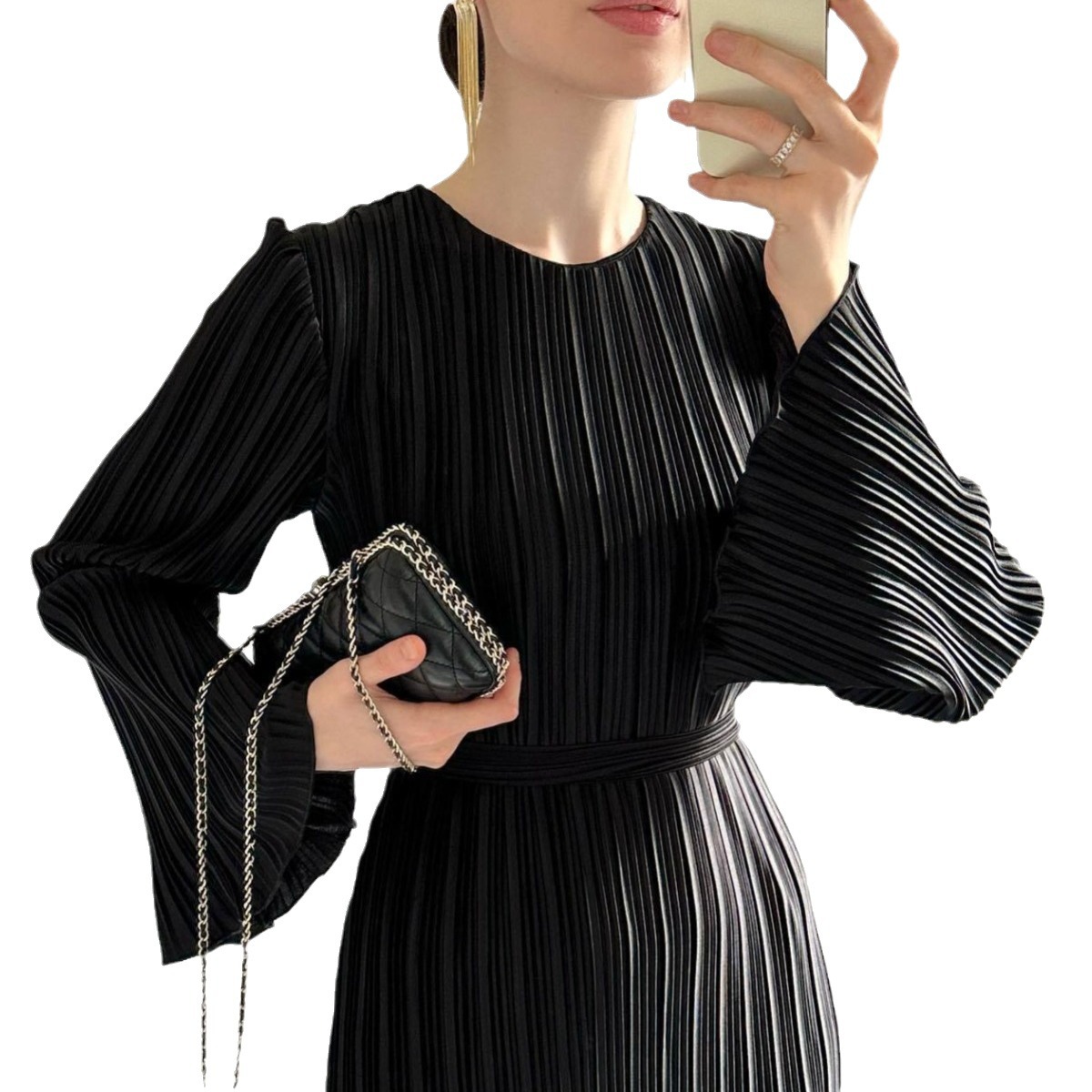 Amazon European and American clothing 2023 new autumn long skirt temperament pleated bell sleeve mid-length dress - Image 9