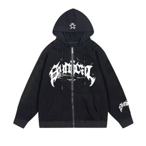 2023 New American Retro Zipper Sweatshirt Gothic Letter Star Print Hoodie Trendy Men's Casual Jacket