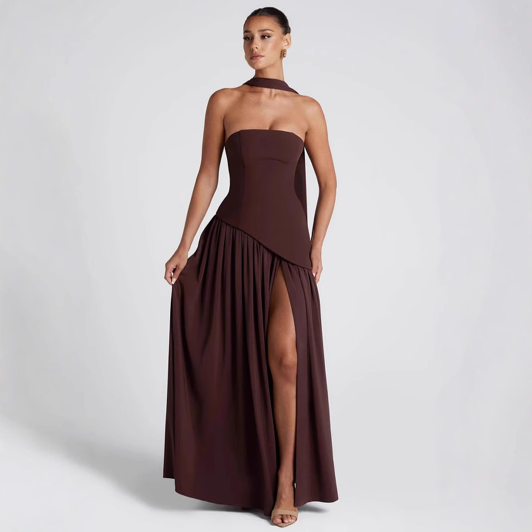 2025 European and American cross-border women's clothing tube top solid color slit dress fashionable sexy backless high slit long skirt new style - Image 3
