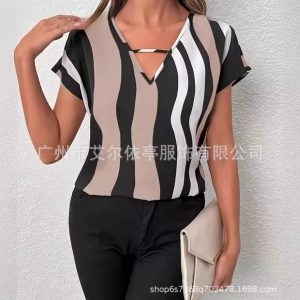 Color-Block V-Neck Short-Sleeve Top with Asymmetrical Striped Print