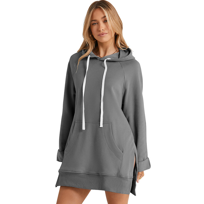 European and American fashion women's autumn and winter new solid color drawstring hooded sweatshirt women's mid-length loose slit top for women - Image 7