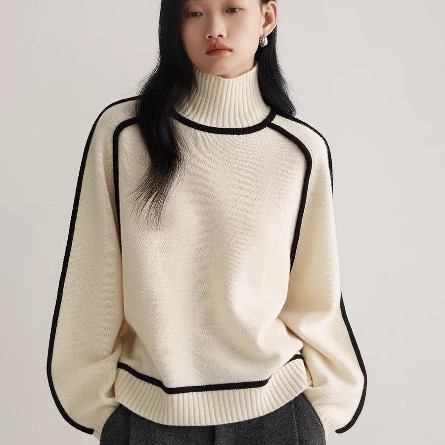 Cross-border trade women's sweater, fashionable high neck, raglan sleeve top, elegant ribbed base knitwear for women