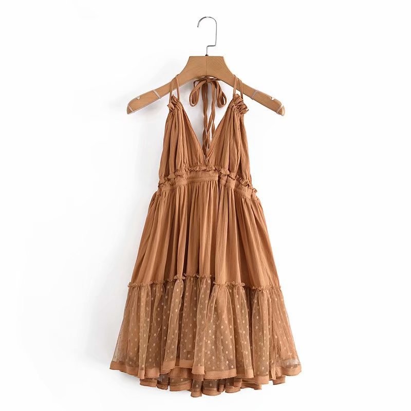 Foreign Trade 2022 Summer New European and American V-neck Waist Slim Hem Mesh Stitching Backless Suspender Dress Women - Image 4