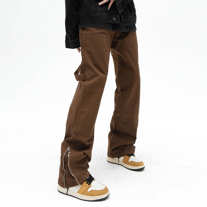 European and American high street brown micro flared zipper jeans men's winter American style trendy brand loose casual retro pants - Image 3