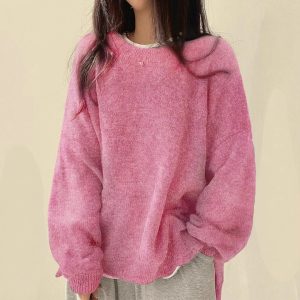 Cross-border European and American women's clothing tk hot style casual versatile solid color split pullover loose long-sleeved ladies sweater autumn and winter 25