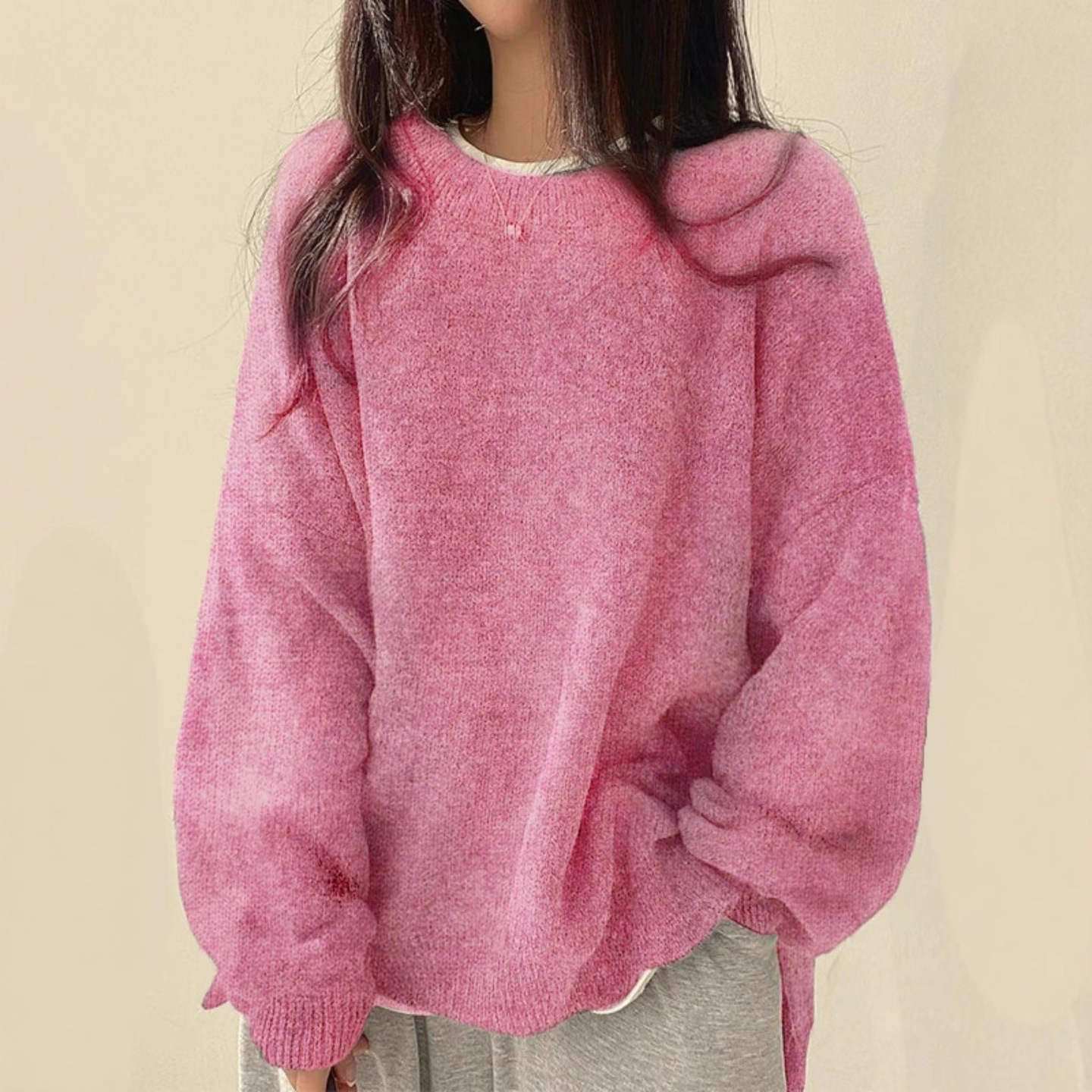 Cross-border European and American women's clothing tk hot style casual versatile solid color split pullover loose long-sleeved ladies sweater autumn and winter 25